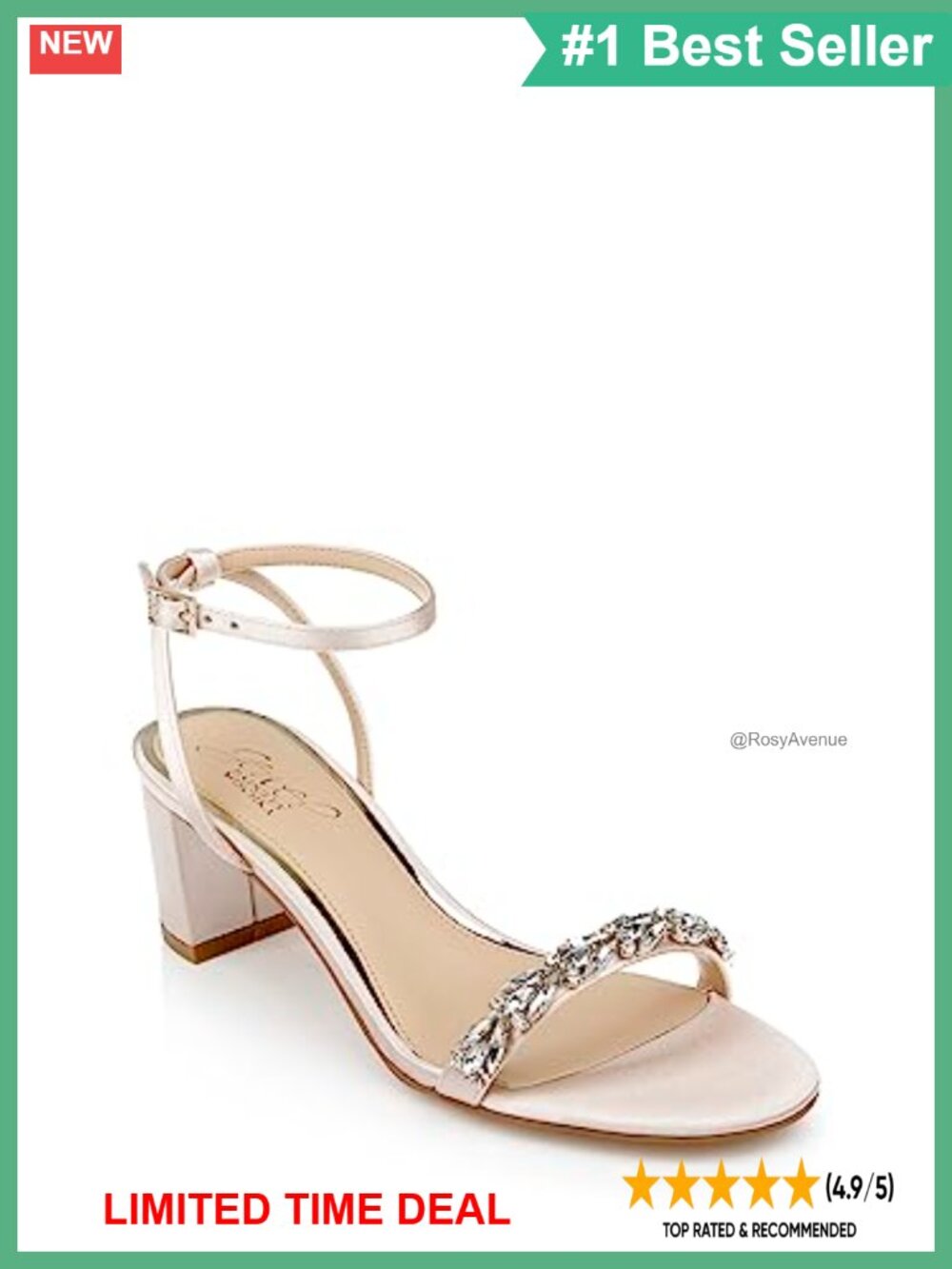 Satin Low Block Heel Sandal with Ankle Strap and Glitter Embellishment